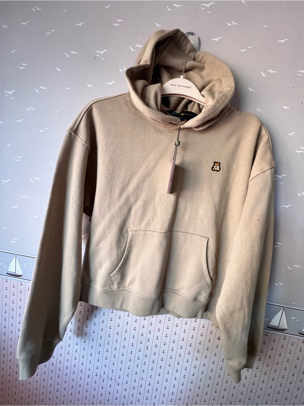 Teddy Fresh Beige Cropped Hoodie with Embroidered Bear Patch